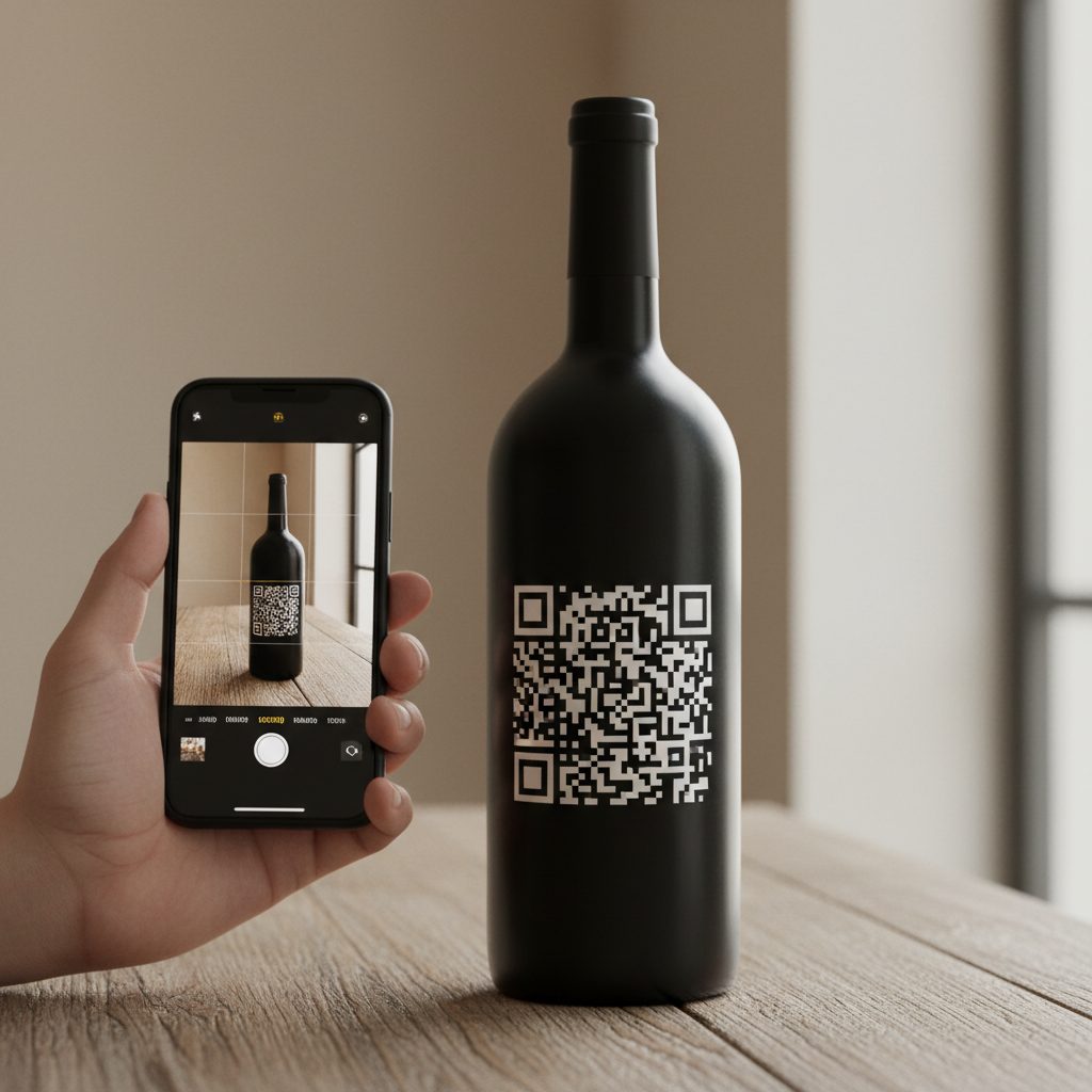 Retro di una bottiglia di vino con etichetta e codice QR inquadrato da uno smartphone