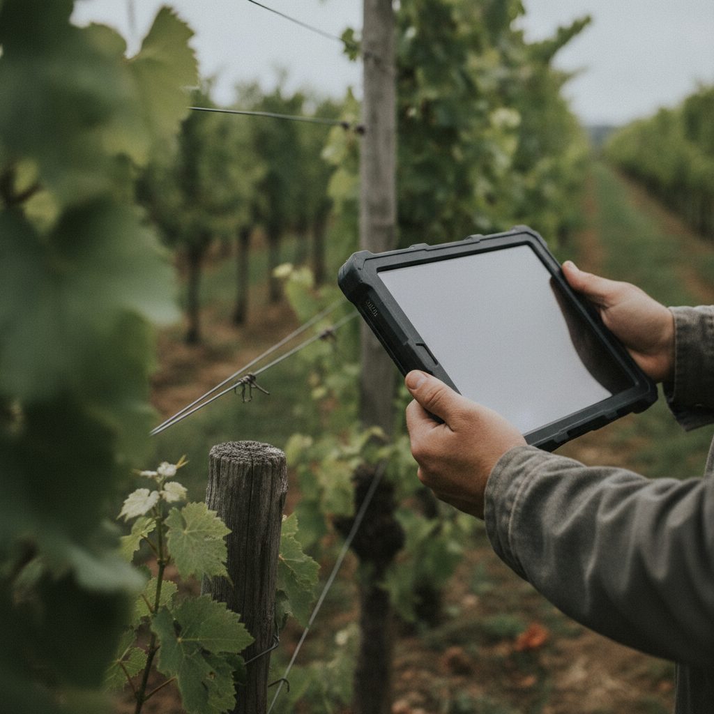 Mani di un agronomo che annotano un trattamento su tablet fra i filari